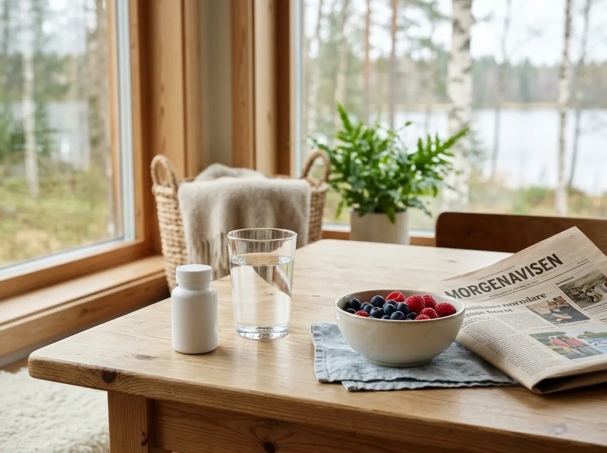 Nordisk välbefinnandemiljö - vattenglas, bär och morgontidning
